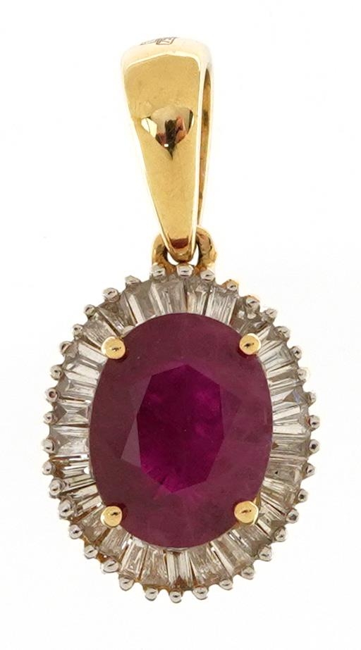 Ileana Makri, 18k gold ruby and baguette cut diamond two tier cluster pendant, the ruby