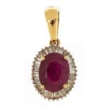 Ileana Makri, 18k gold ruby and baguette cut diamond two tier cluster pendant, the ruby