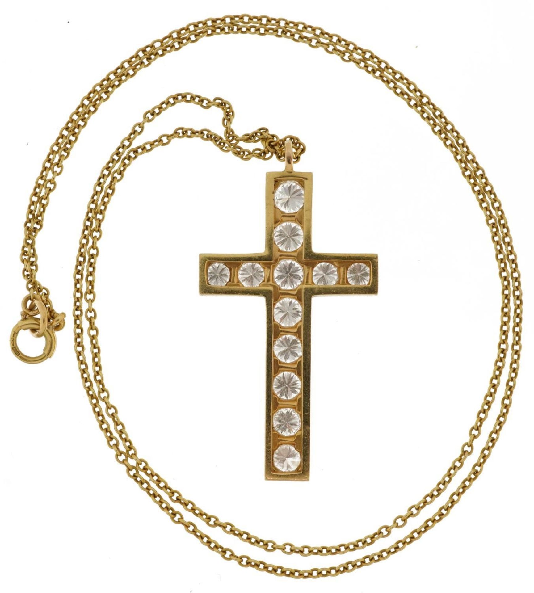 Unmarked gold cross pendant set with twelve diamonds of varying sizes, the largest diamond - Image 3 of 4