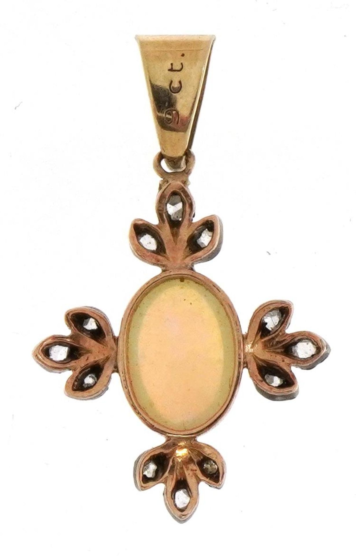 9ct gold cabochon opal and diamond cluster drop pendant, 3.0cm high, 1.7g : For further - Image 2 of 3