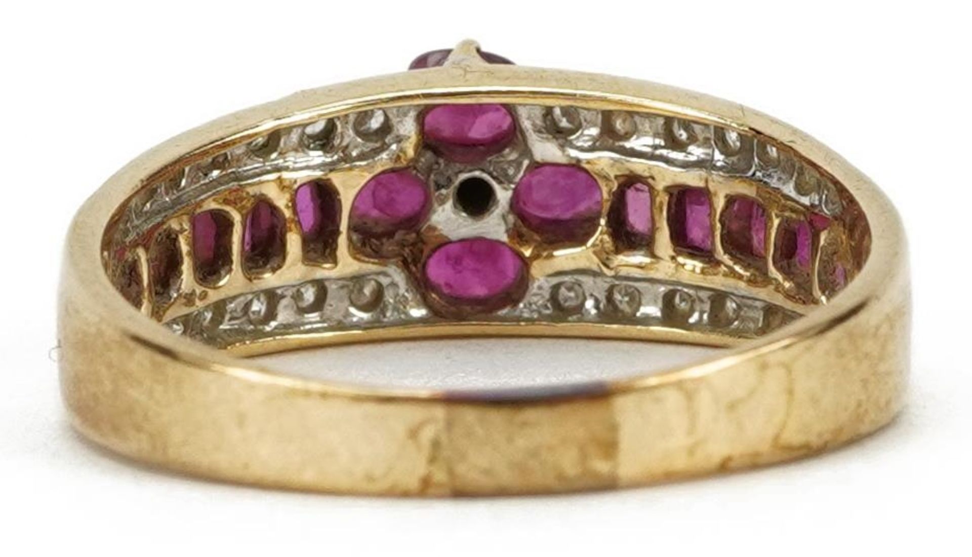 9k gold ruby and diamond three tier flower head ring, size Q, 3.0g : For further information on this - Image 2 of 5