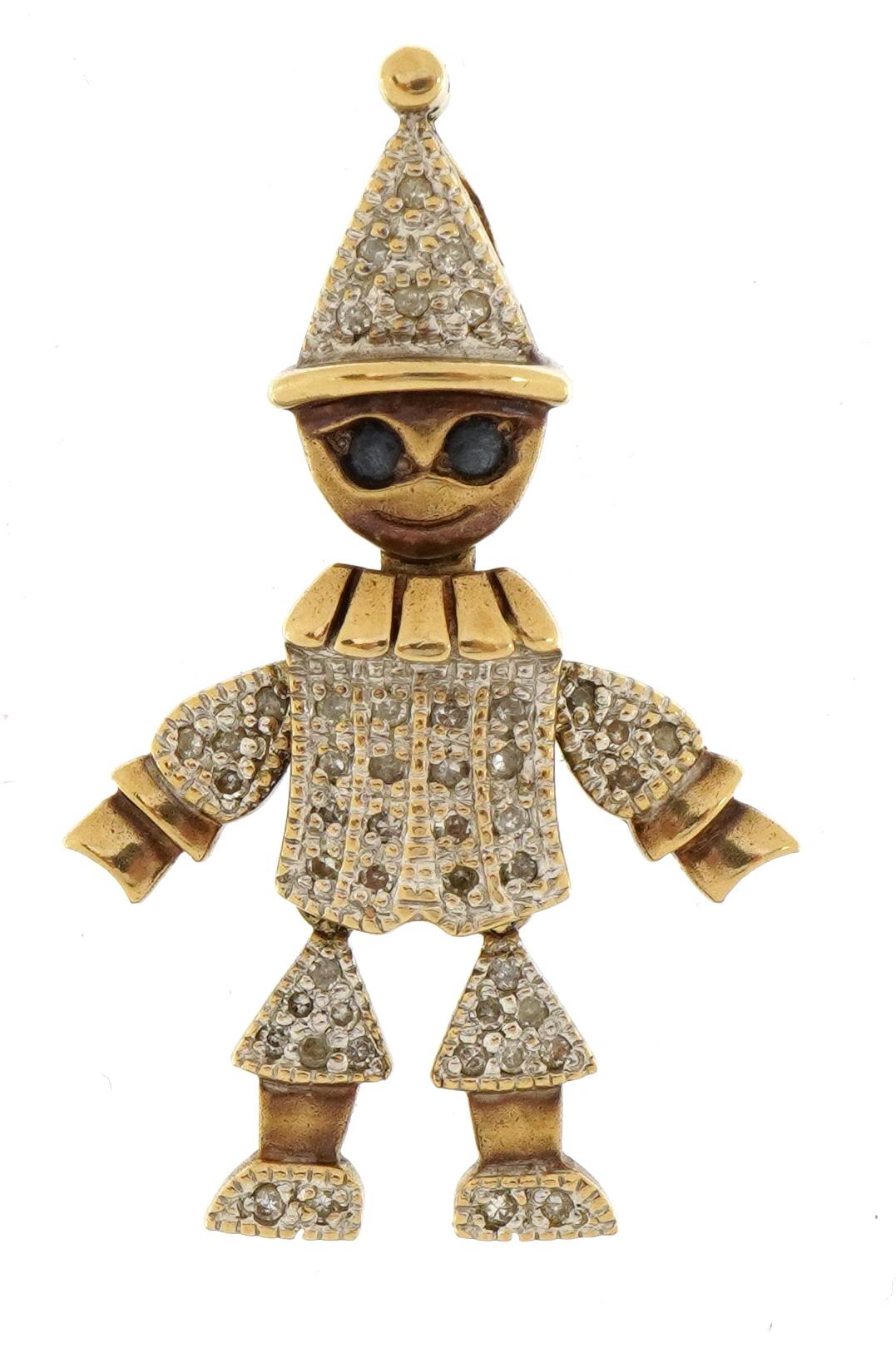 9ct gold diamond clown pendant with sapphire set eyes and articulated limbs, 3.6cm high, 4.9g :