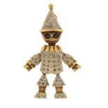 9ct gold diamond clown pendant with sapphire set eyes and articulated limbs, 3.6cm high, 4.9g :