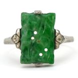9ct gold and silver carved jade ring, the jade approximately 13.7mm x 9.1mm, size Q/R, 2.8g : For