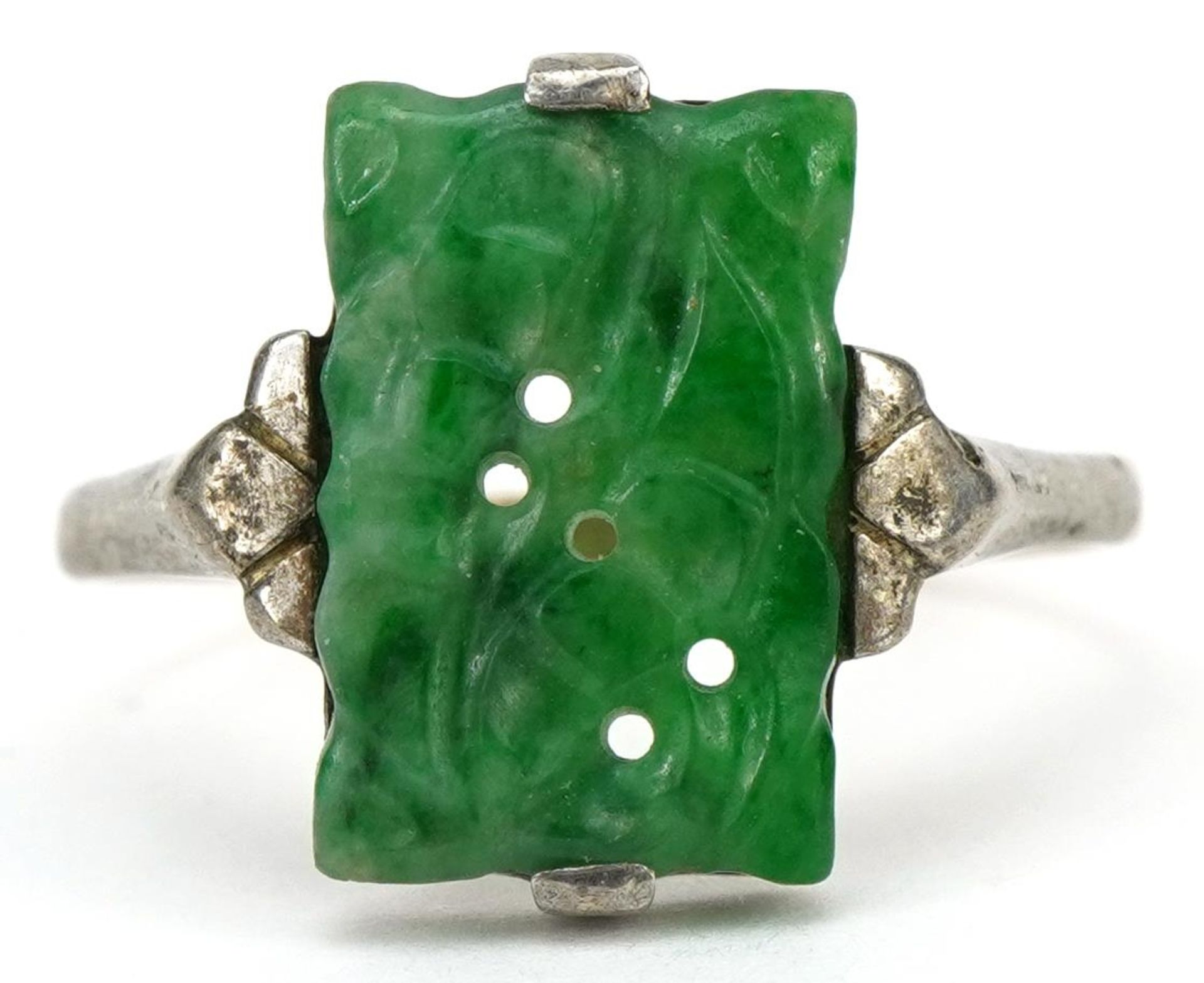 9ct gold and silver carved jade ring, the jade approximately 13.7mm x 9.1mm, size Q/R, 2.8g : For