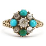 Antique 18ct gold diamond and turquoise two tier cluster ring with engraved shoulders, the largest