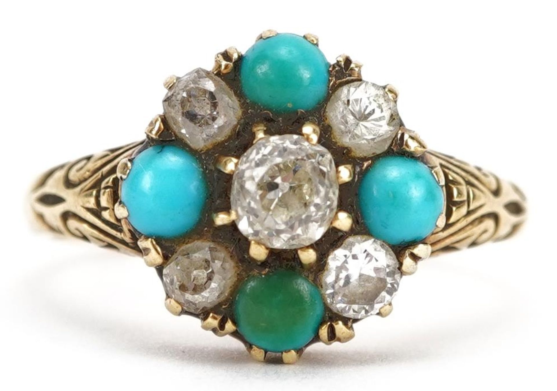 Antique 18ct gold diamond and turquoise two tier cluster ring with engraved shoulders, the largest