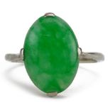 18ct white gold cabochon jade solitaire ring, the jade approximately 14.5mm x 10.0mm, size N, 3.3g :