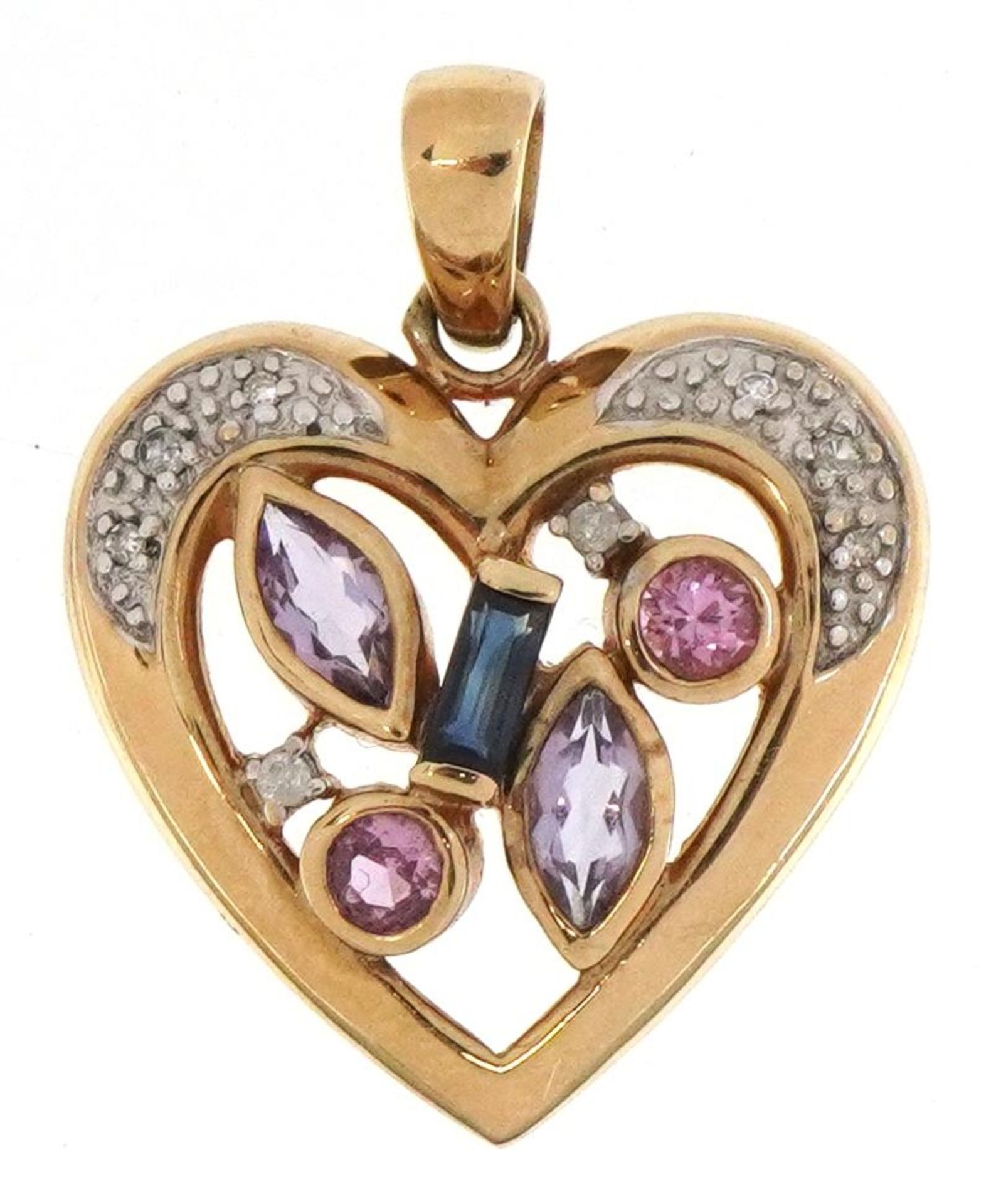 9ct gold blue topaz, ruby and diamond love heart pendant, 2.7cm high, 4.3g : For further information