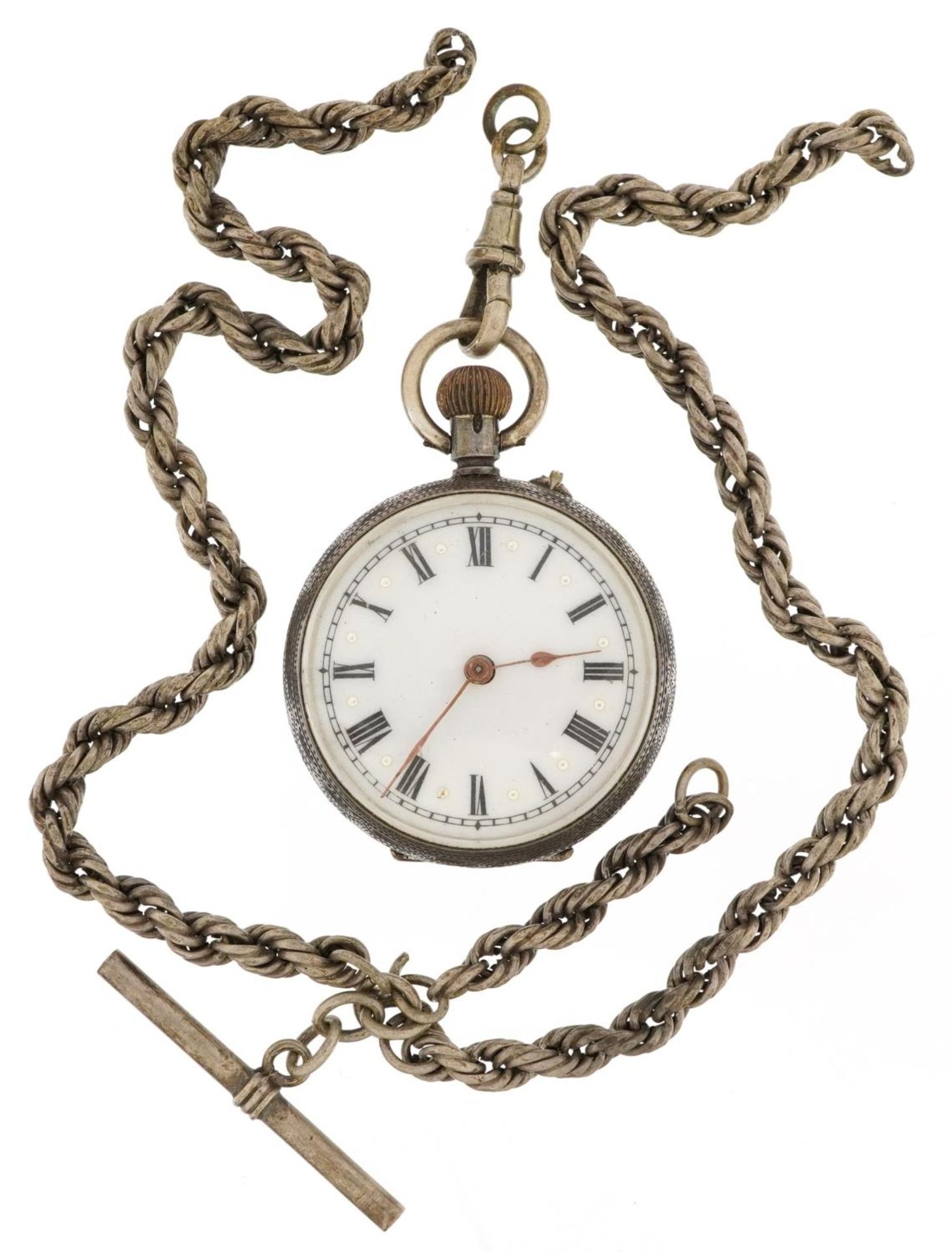 Ladies silver open face pocket watch with enamelled dial on 800 grade silver rope twist watch chain,