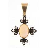 9ct gold cabochon opal and diamond cluster drop pendant, 3.0cm high, 1.7g : For further