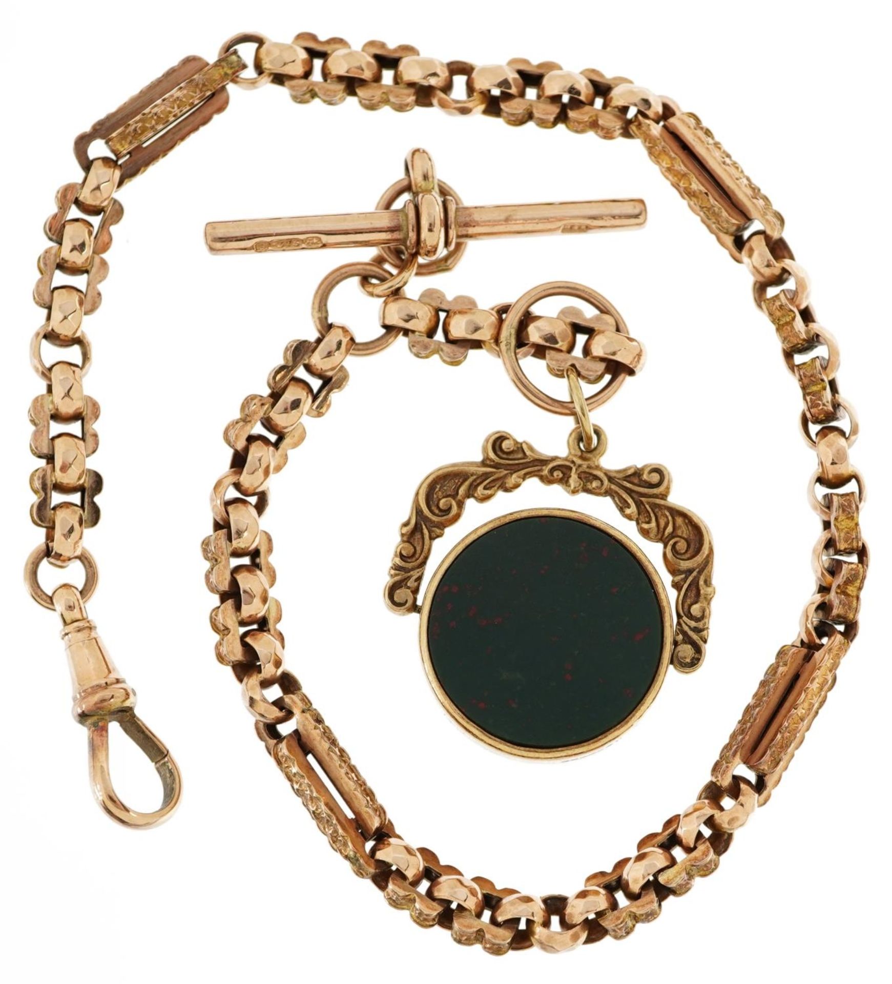 Victorian 9ct rose gold watch chain with T bar and 9ct gold bloodstone and carnelian spinner fob, - Image 3 of 4