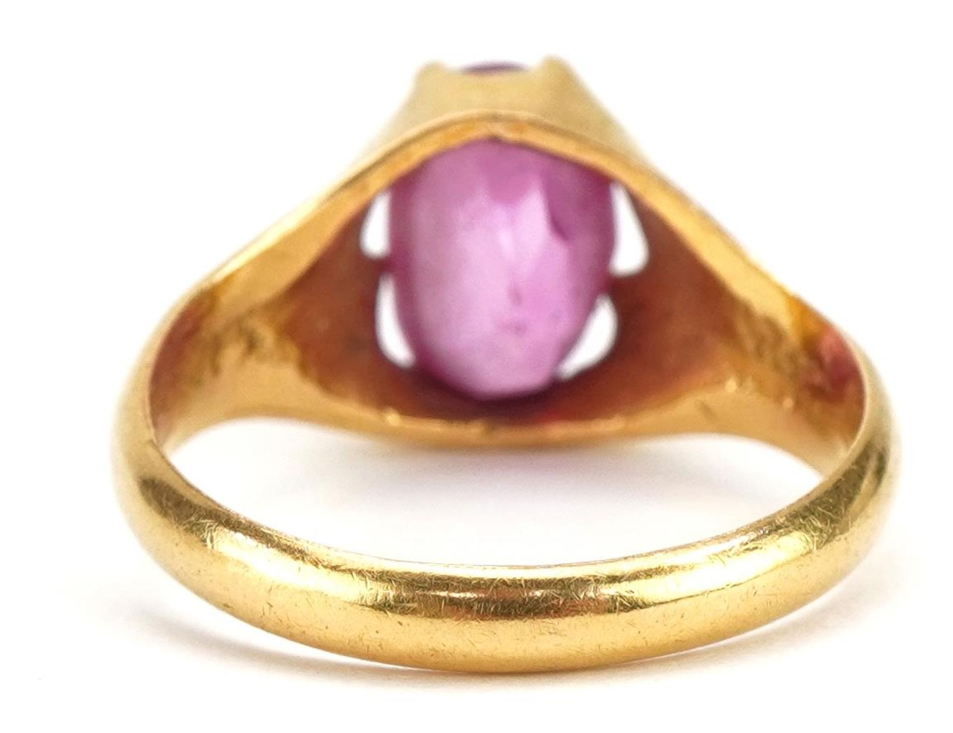 Unmarked gold ruby solitaire ring possibly Indian, tests as 22ct gold, the ruby approximately 10.1mm - Image 2 of 3
