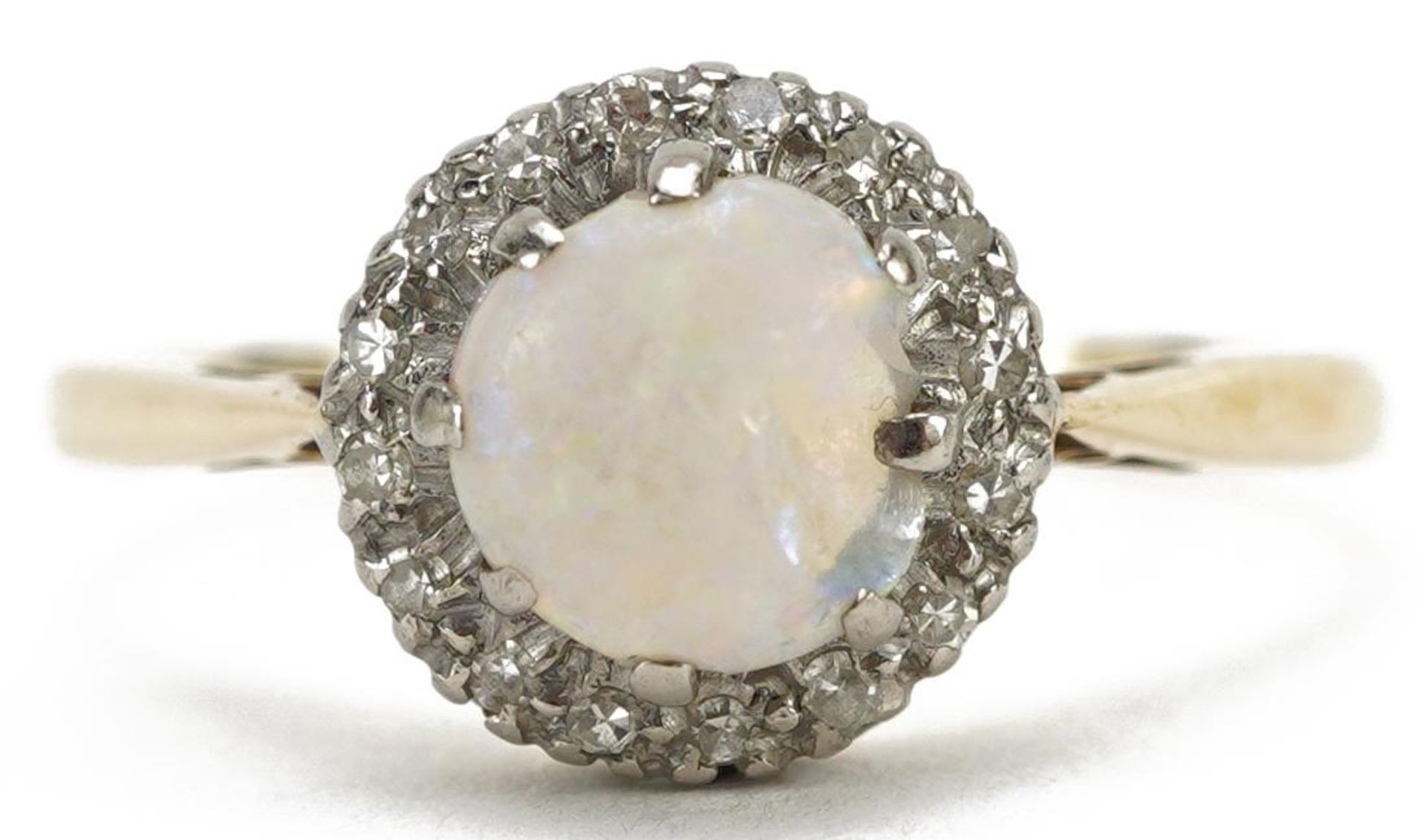 18ct gold and platinum opal and diamond cluster ring, the opal approximately 7.0mm in diameter, size