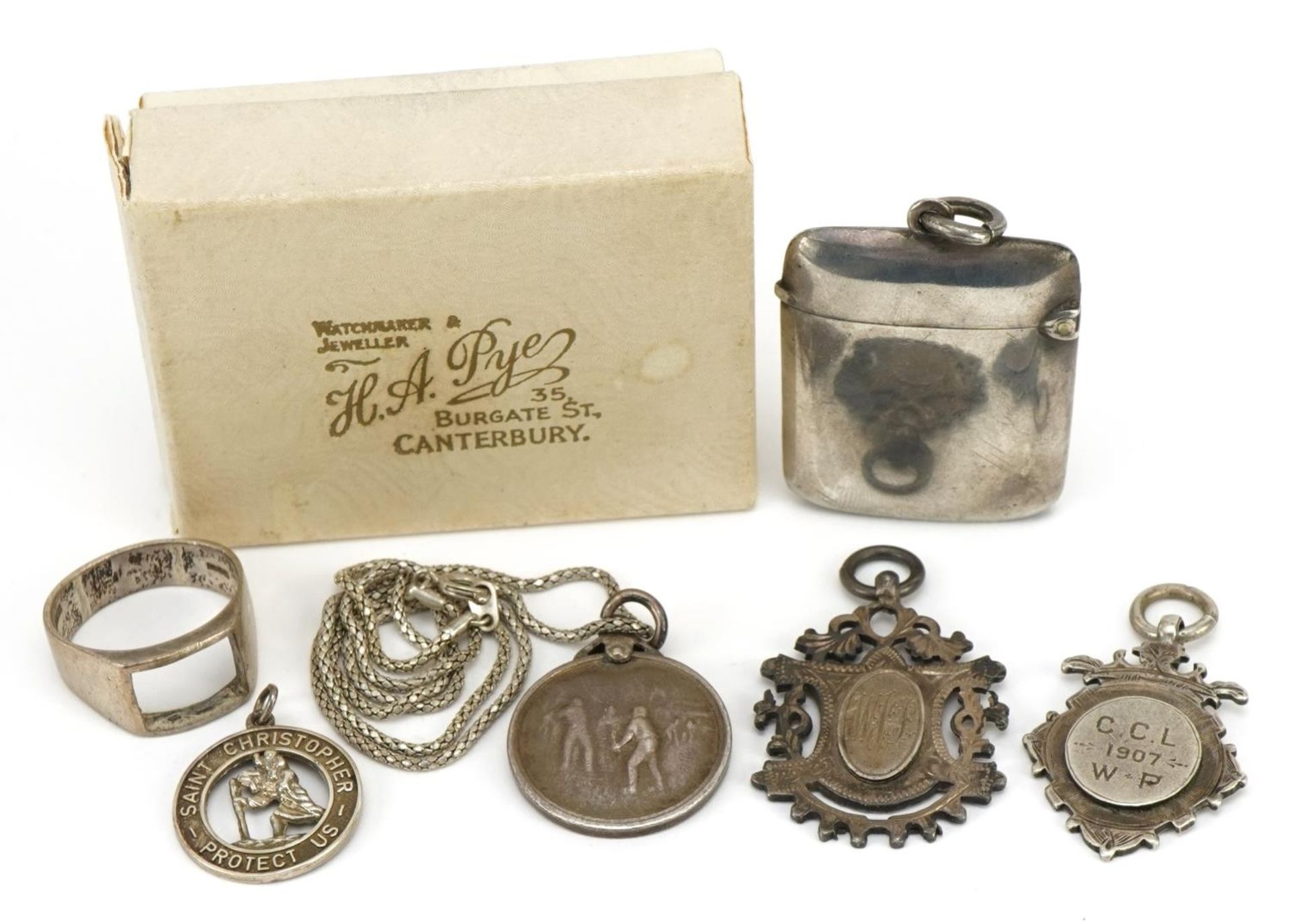 Victorian and later silver and white metal jewellery and objects including vesta case with gilt