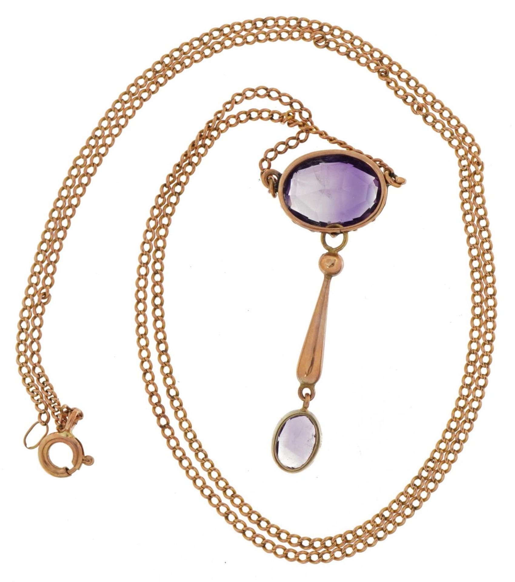 9ct rose gold amethyst drop necklace, the largest amethyst approximately 12.1mm x 9.5mm, 55cm in - Bild 3 aus 5