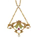 Art Nouveau 9ct gold and enamel necklace set with a ruby and seed pearls, 36cm in length, 5.8g : For