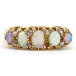 18ct gold opal and diamond ring, the largest opal approximately 5.0mm x 3.4mm, size O, 5.5g : For