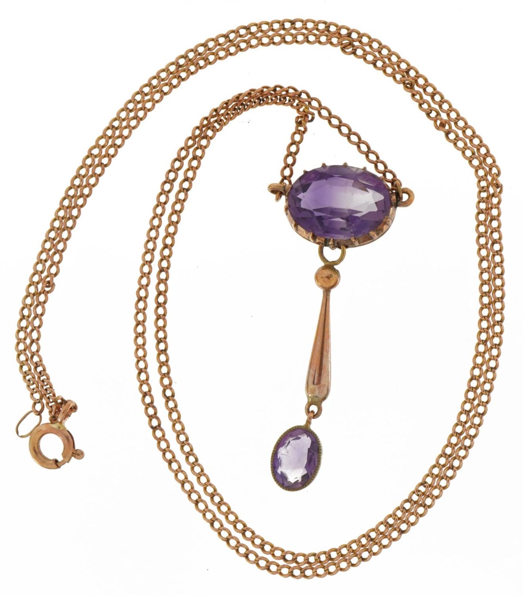9ct rose gold amethyst drop necklace, the largest amethyst approximately 12.1mm x 9.5mm, 55cm in - Bild 2 aus 5