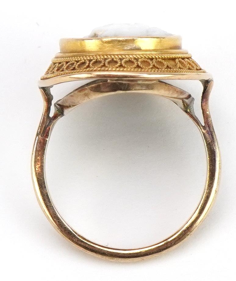 Continental unmarked gold cameo maiden head ring with filigree setting, tests as 9ct gold, size J, - Image 3 of 3