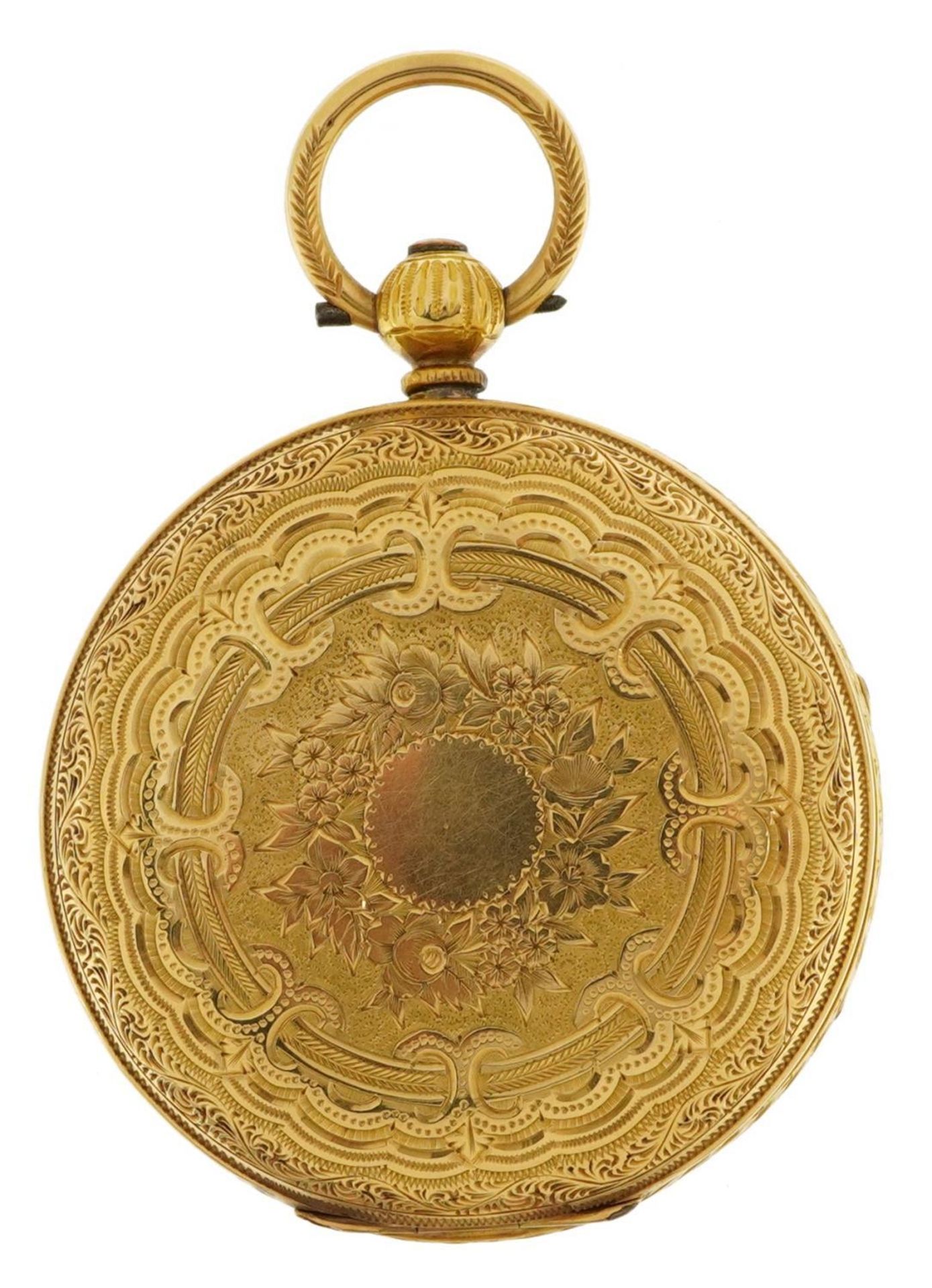 18ct gold ladies open face pocket watch with ornate gilt dial and engraved decoration, the - Bild 2 aus 4