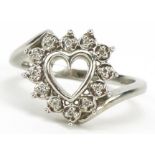 9ct white gold diamond love heart crossover ring, size N, 3.7g : For further information on this lot