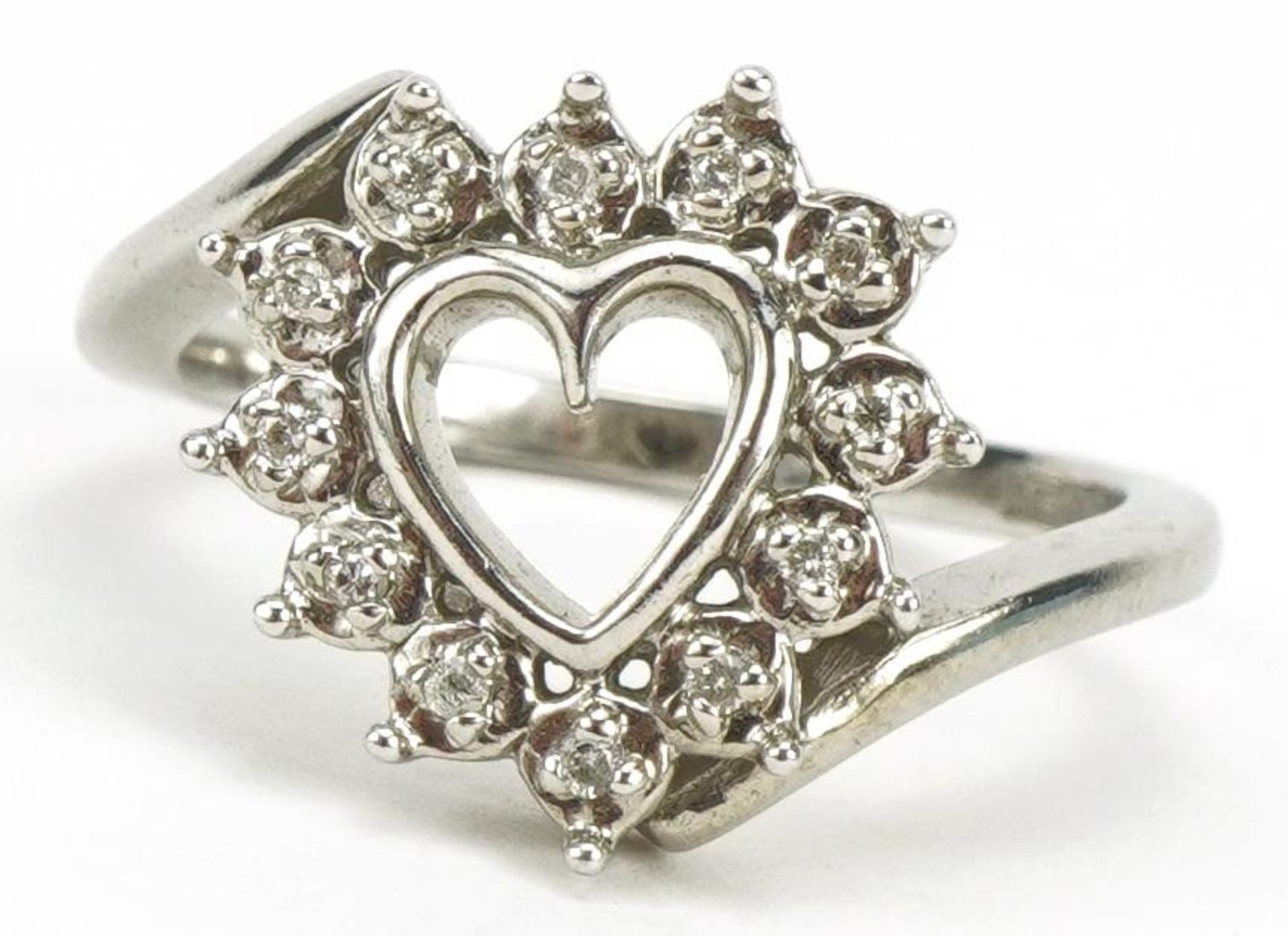 9ct white gold diamond love heart crossover ring, size N, 3.7g : For further information on this lot