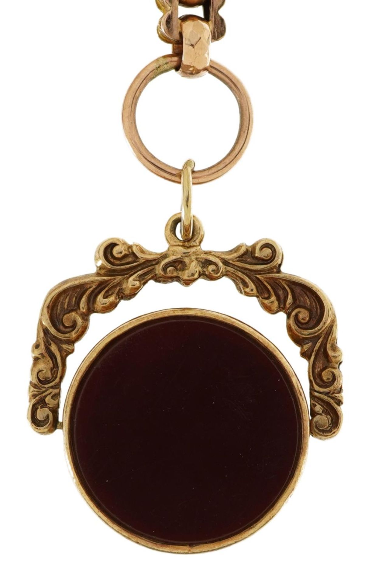 Victorian 9ct rose gold watch chain with T bar and 9ct gold bloodstone and carnelian spinner fob, - Image 2 of 4