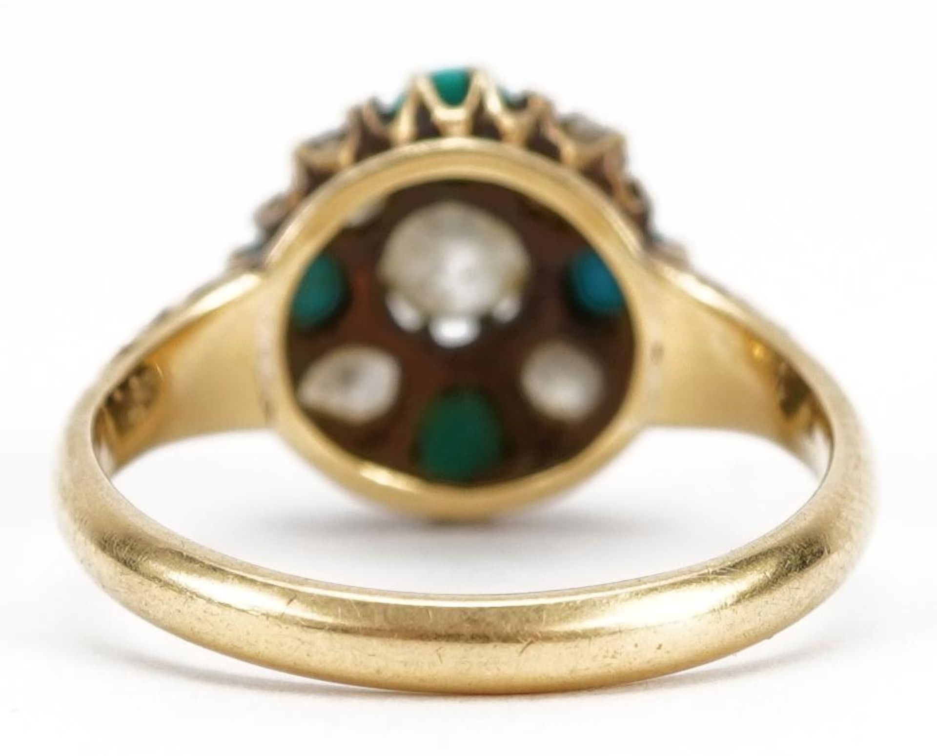 Antique 18ct gold diamond and turquoise two tier cluster ring with engraved shoulders, the largest - Image 2 of 4