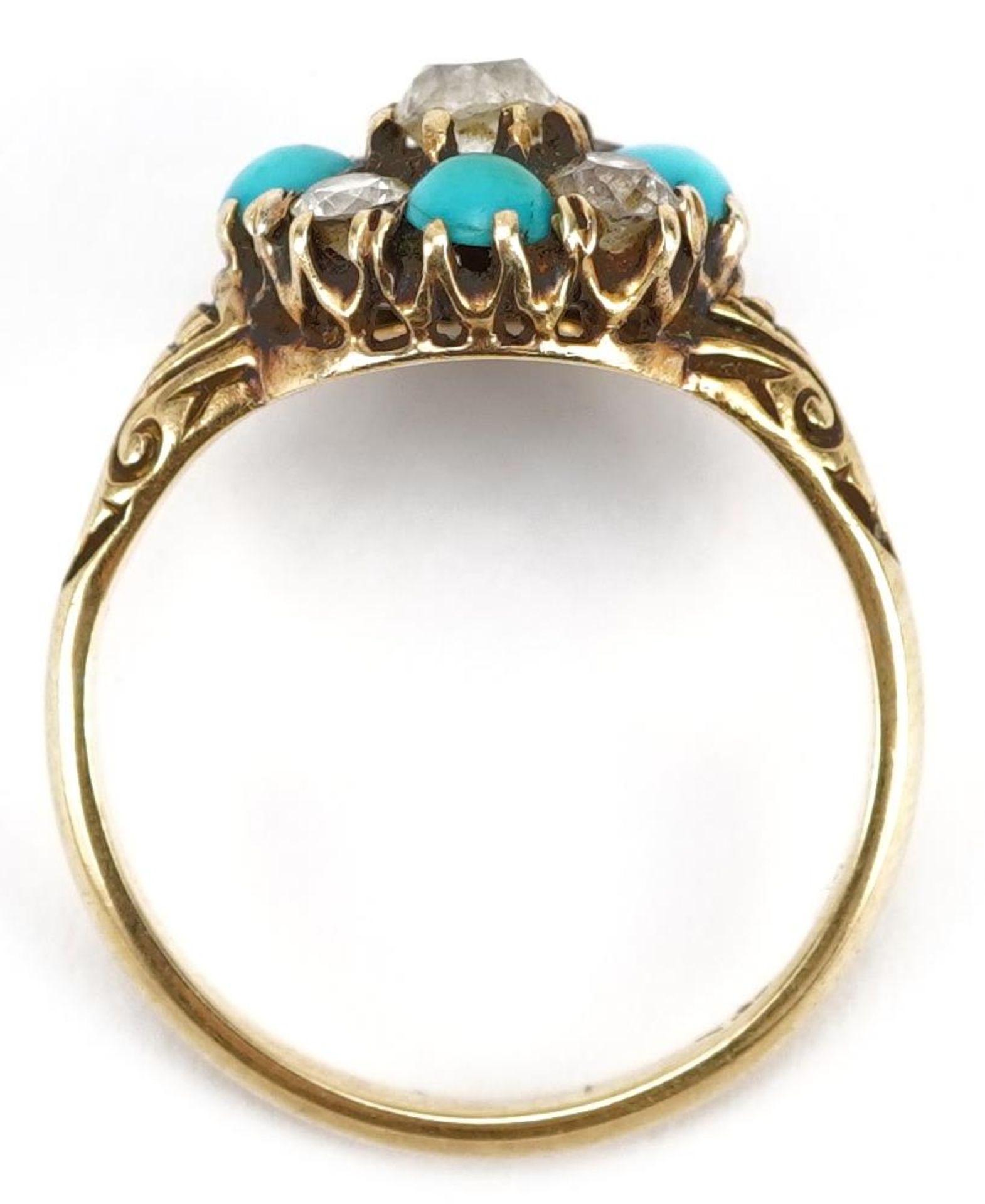 Antique 18ct gold diamond and turquoise two tier cluster ring with engraved shoulders, the largest - Image 3 of 4