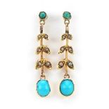 Pair of unmarked gold cabochon turquoise and seed pearl drop earrings, the butterflies marked 9k,