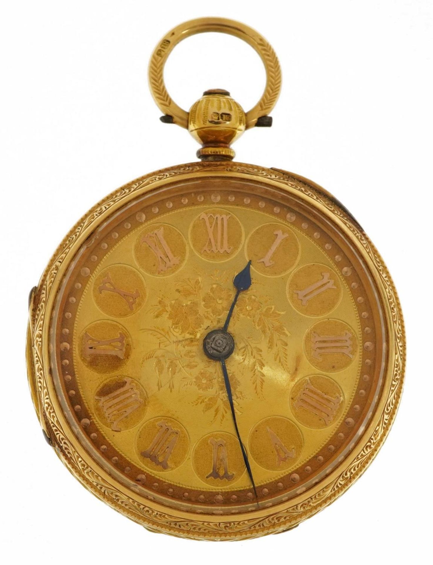 18ct gold ladies open face pocket watch with ornate gilt dial and engraved decoration, the