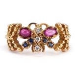 14ct gold diamond, cabochon ruby and sapphire ring in the form of a butterfly, size M, 3.0g : For