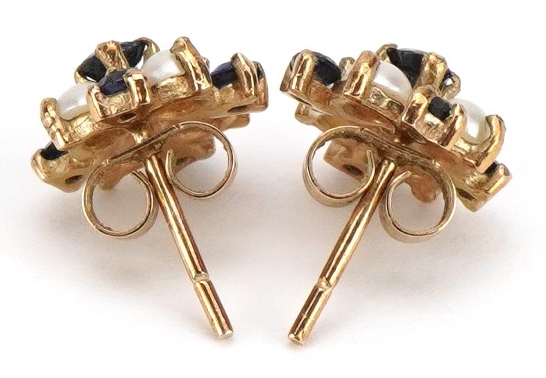 Pair of unmarked gold sapphire and pearl cluster stud earrings, the butterflies marked 375, 1.0cm in - Image 2 of 2