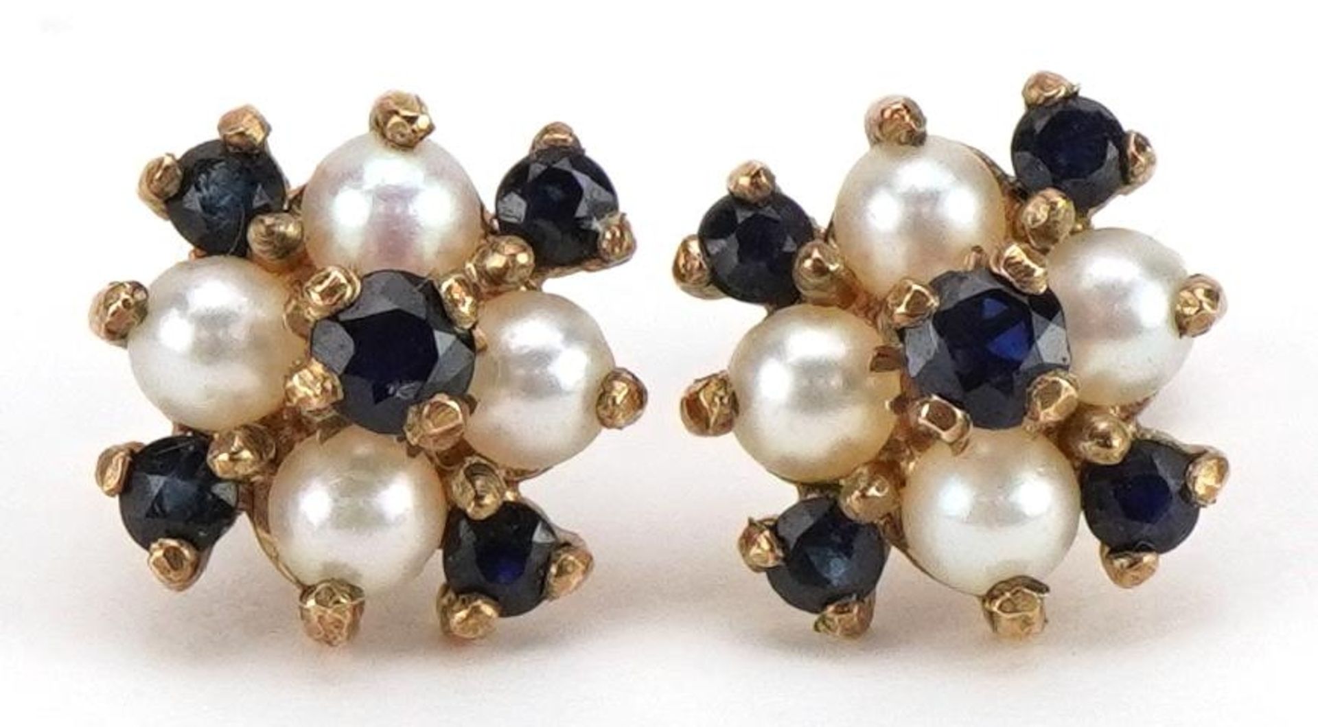 Pair of unmarked gold sapphire and pearl cluster stud earrings, the butterflies marked 375, 1.0cm in
