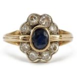Art Deco style 9ct gold sapphire and diamond cluster ring, the sapphire approximately 6.0mm x 4.5mm,