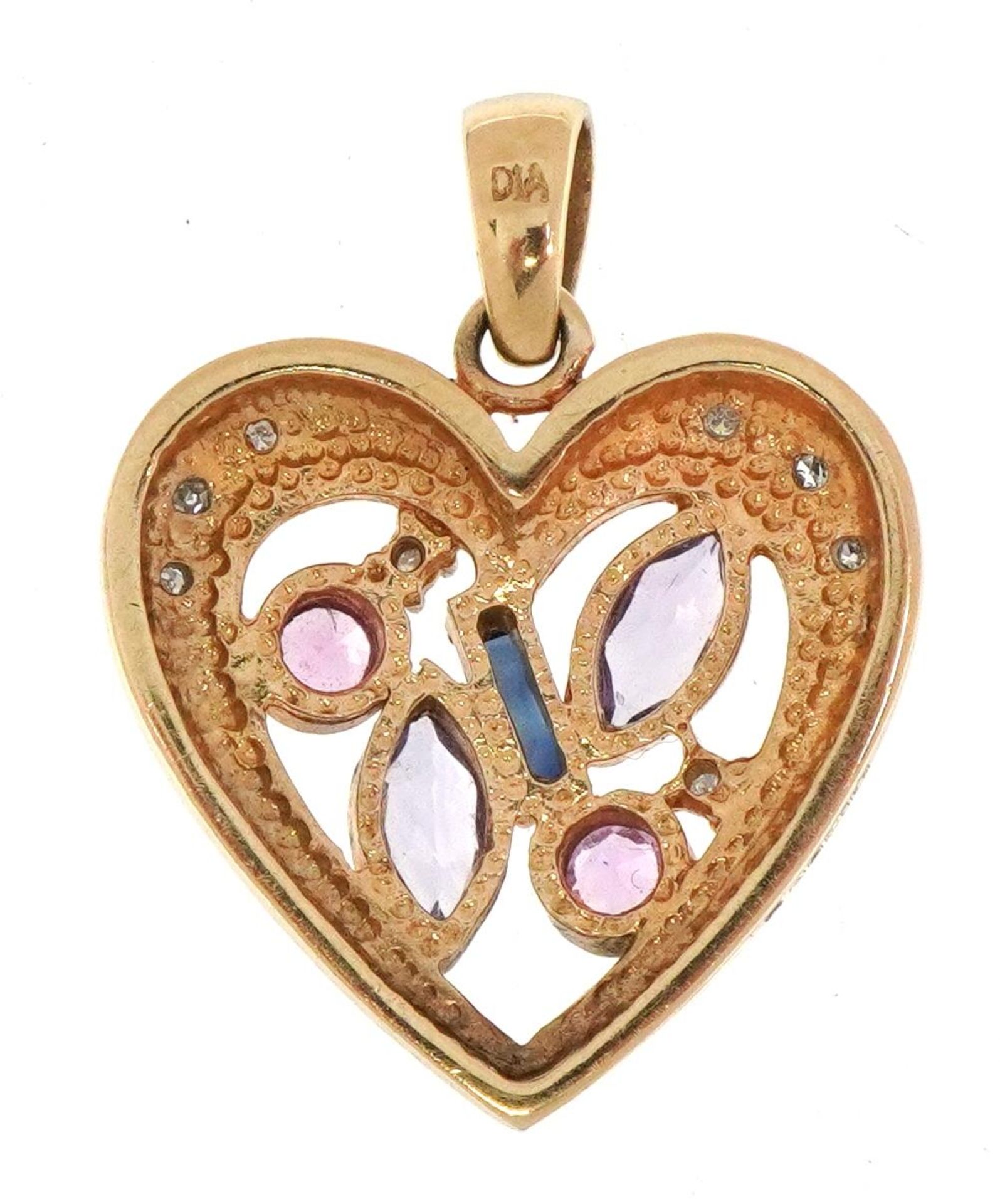 9ct gold blue topaz, ruby and diamond love heart pendant, 2.7cm high, 4.3g : For further information - Image 2 of 3