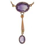9ct rose gold amethyst drop necklace, the largest amethyst approximately 12.1mm x 9.5mm, 55cm in
