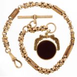 Victorian 9ct rose gold watch chain with T bar and 9ct gold bloodstone and carnelian spinner fob,