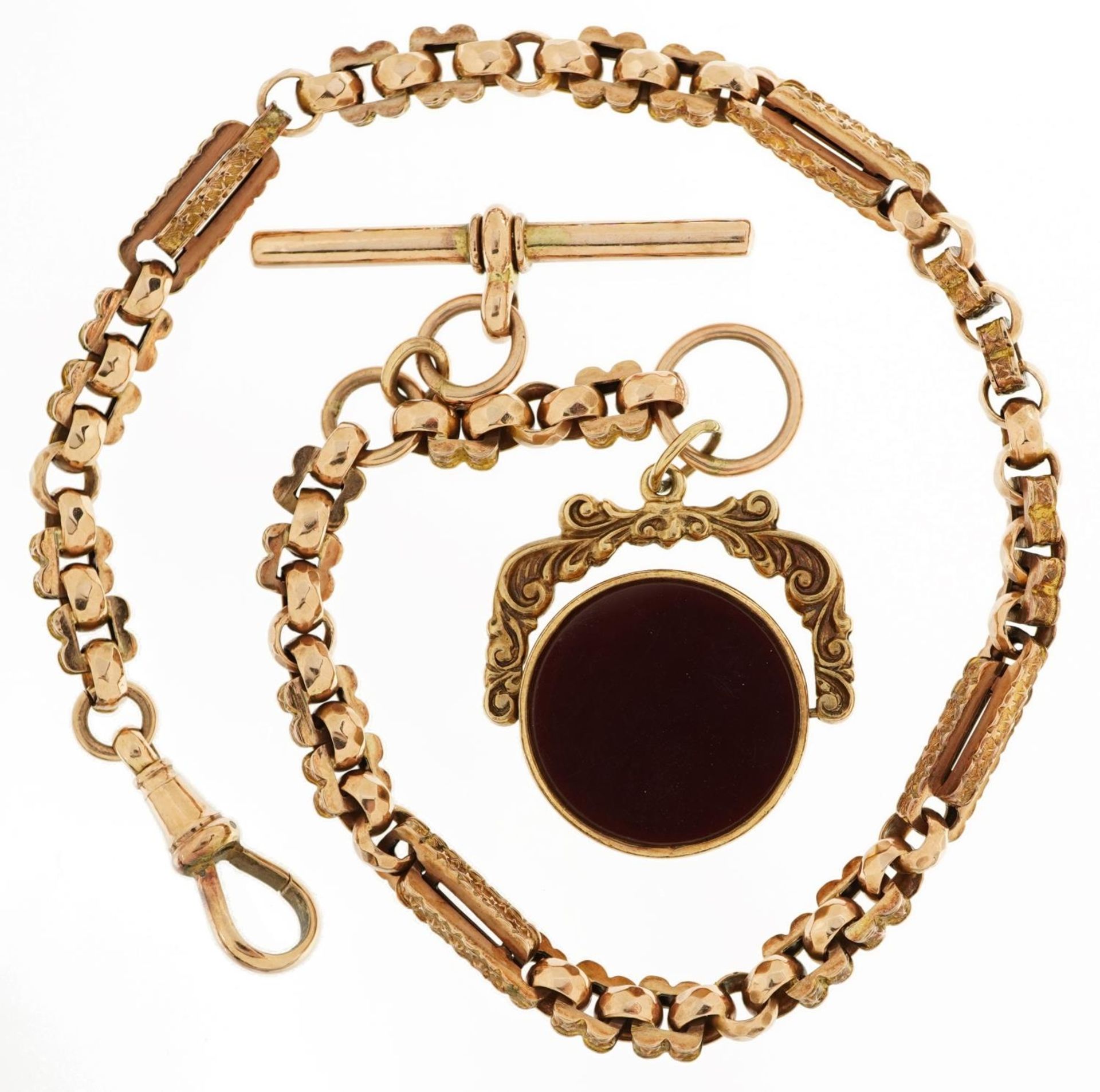 Victorian 9ct rose gold watch chain with T bar and 9ct gold bloodstone and carnelian spinner fob,