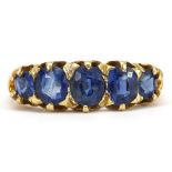 Victorian 18ct gold graduated sapphire five stone ring, the largest sapphire approximately 5.1mm x