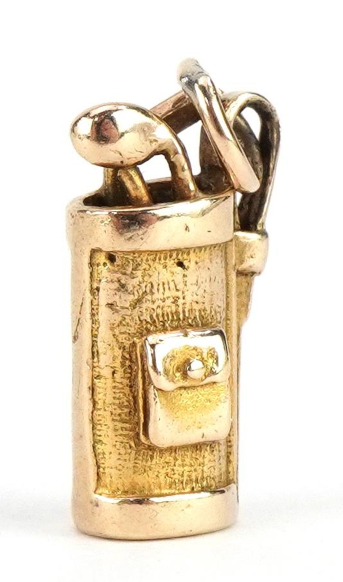 9ct gold golf club and caddy charm, 1.6cm high, 2.0g : For further information on this lot please