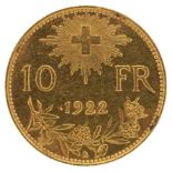 Swiss 1922 ten francs gold coin - this lot is sold without buyer’s premium : For further information