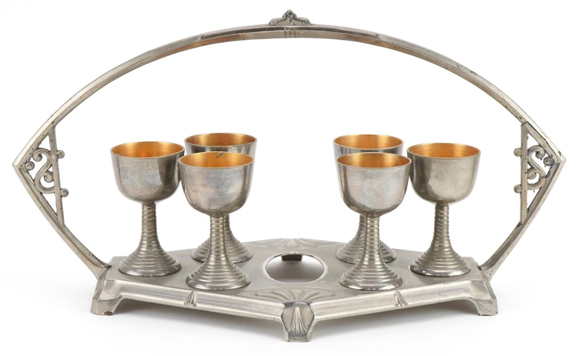 Manner of WMF, German Art Nouveau pewter egg cup stand with six eggcups, 31cm wide - Bild 6 aus 10