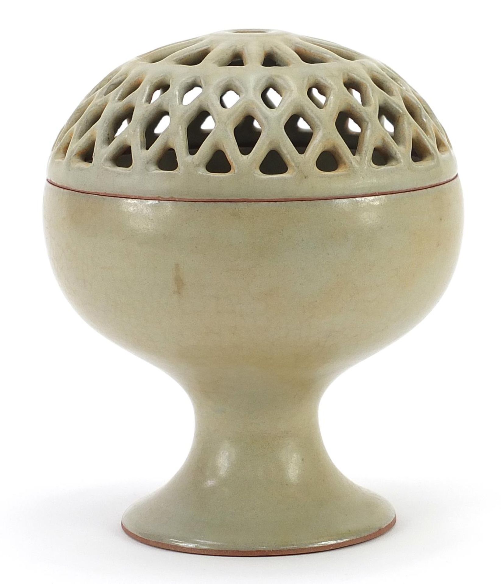 Chinese porcelain pedestal bowl with pierced cover having a celadon glaze, 15.5cm high - Image 2 of 3