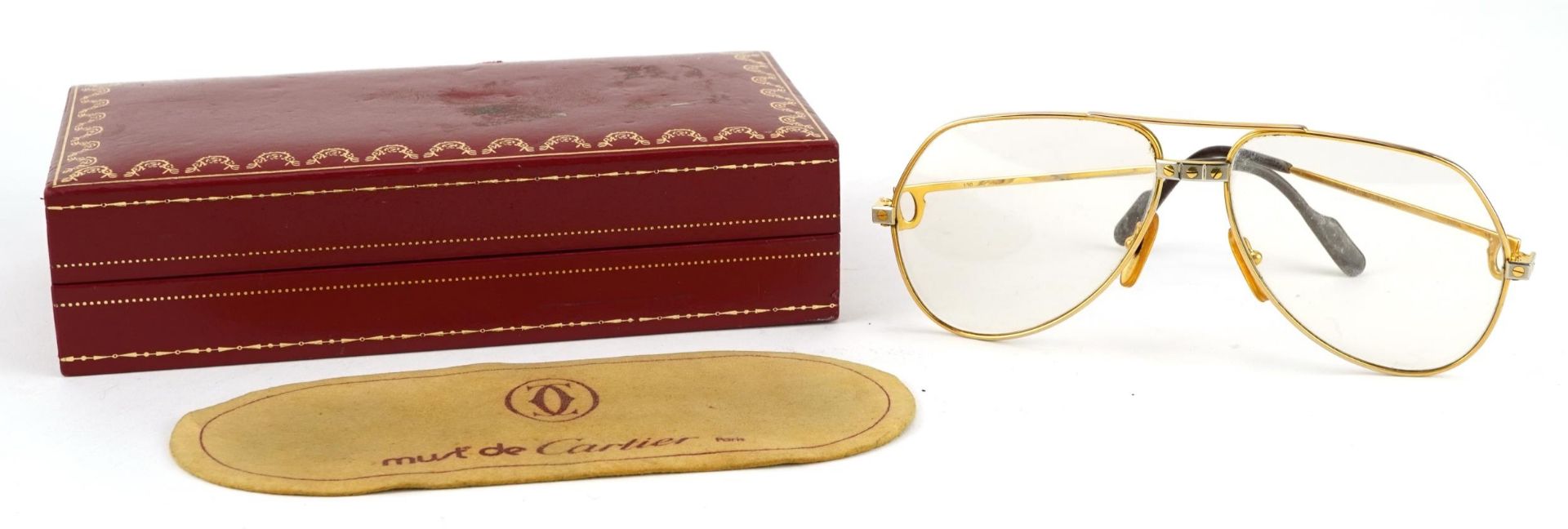 Pair of vintage Must de Cartier spectacles with fitted case numbered 5914, 14.5cm wide