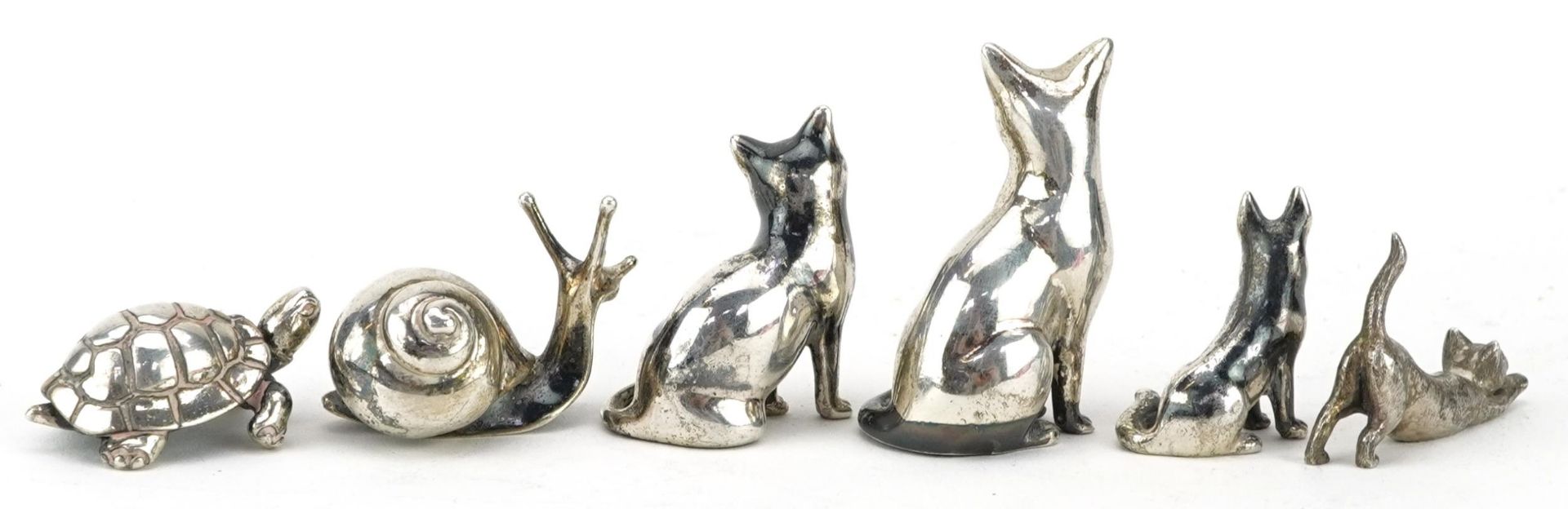 Six miniature silver animals comprising three cats, tortoise, snail and dog, the largest 4cm high, - Image 4 of 8