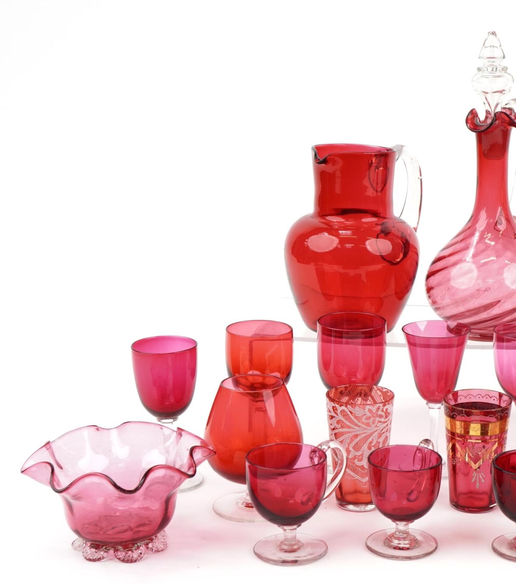 Victorian cranberry glassware including claret jug, various glasses, enamel trinket box and - Image 3 of 6