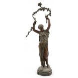 19th century patinated spelter classical table lamp in the form of a maiden holding flowers, 83cm