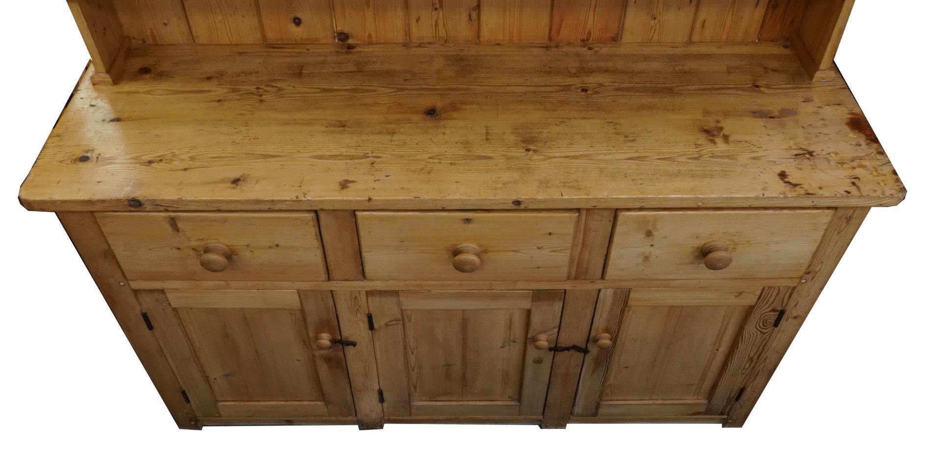 Large Victorian pine farmhouse dresser with open plate rack above three drawers and three cupboard - Image 2 of 2